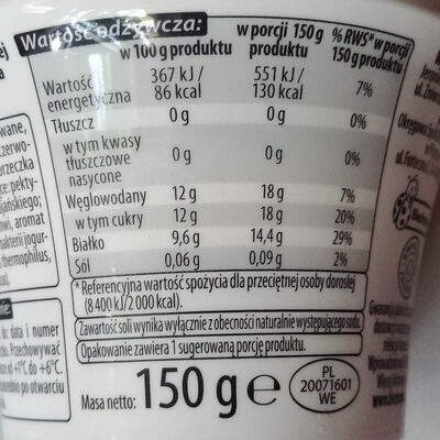 Jogurt naturalny 0% tłuszczu z wsadem z czerwona porzeczka - czarna porzeczka. - Wartości odżywcze