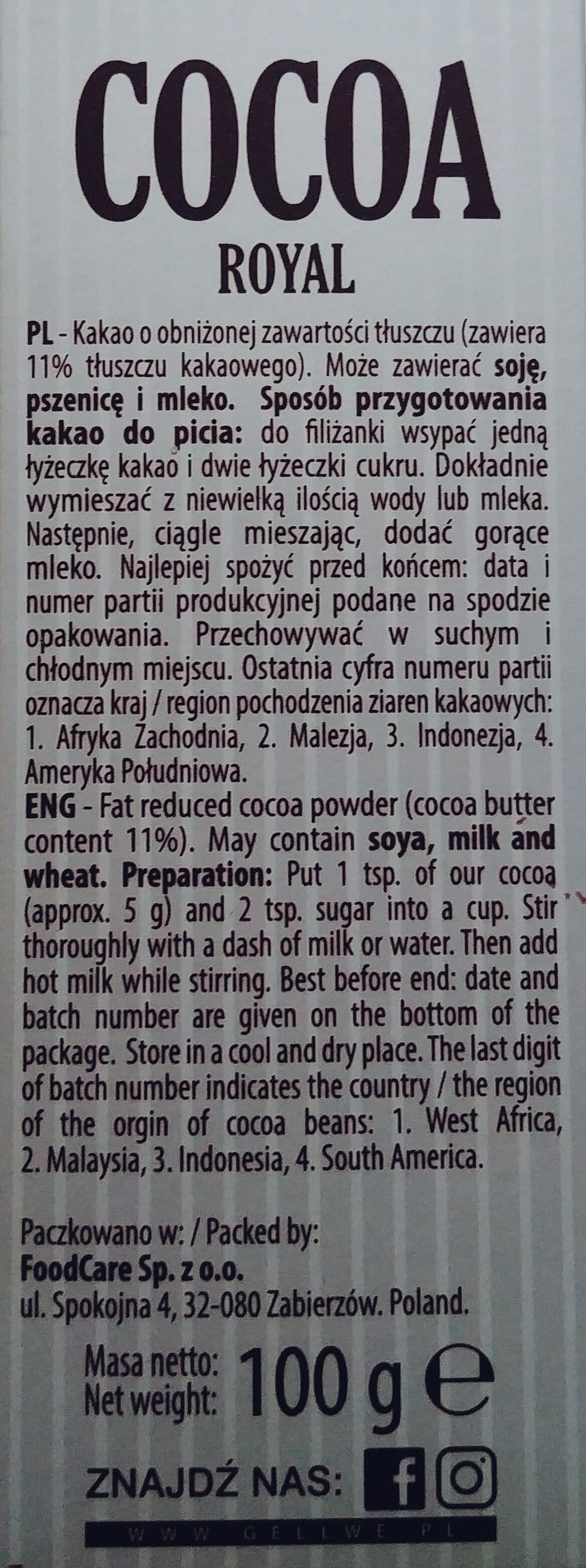 Kakao Royal o obniżonej zawartości tłuszczu - Ingredients - pl