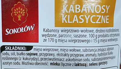 Kabanosy klasyczne wieprzowo-wołowe, drobno rozdrobnione, wędzone, parzone, suszone. - Ingredients - pl