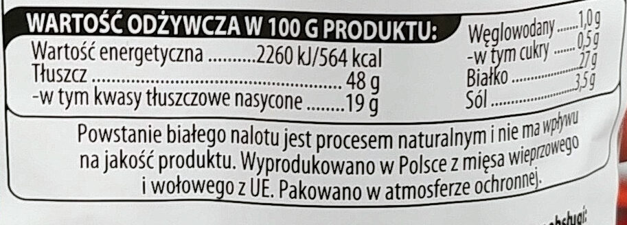 Kabanosy klasyczne wieprzowo-wołowe, drobno rozdrobnione, wędzone, parzone, suszone. - Nutrition facts - pl