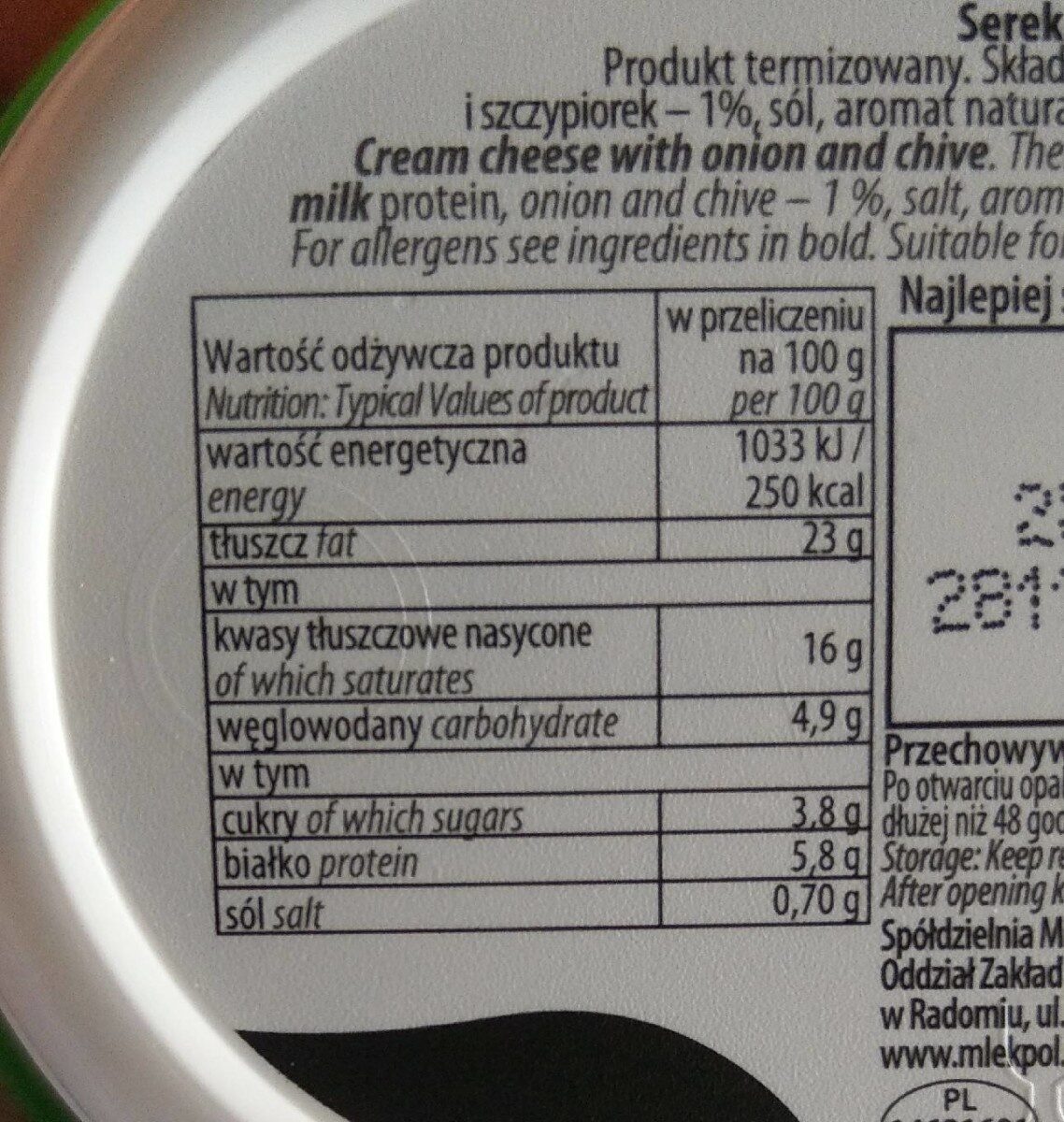 Serek śmietankowy z cebulą i szczypiorkiem - Wartości odżywcze