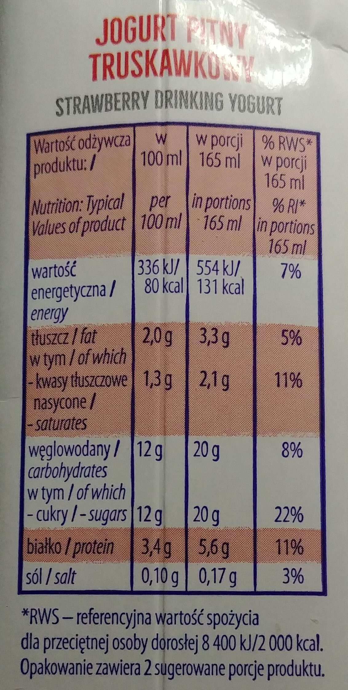 Jogurt pitny truskawkowy - Voedingswaarden - pl