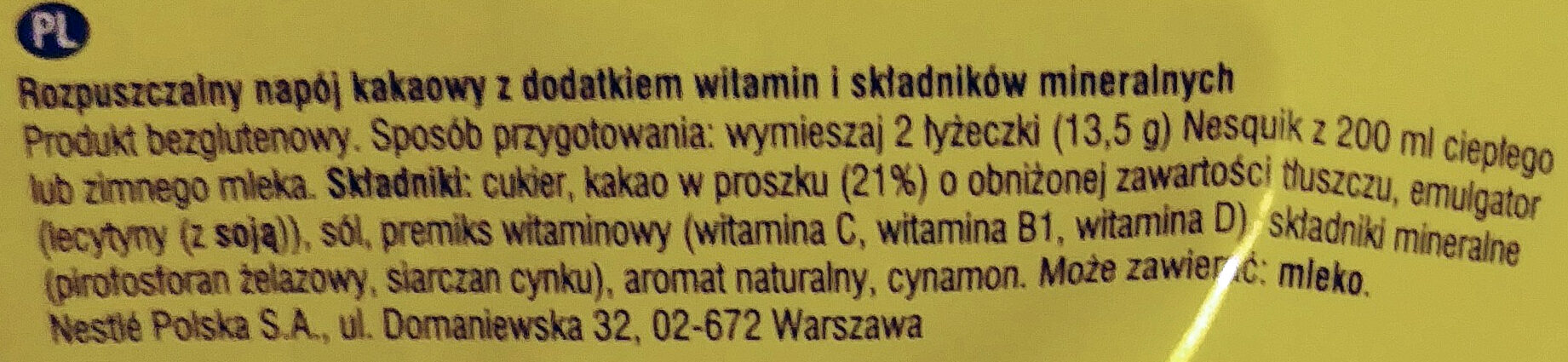 Rozpuszczalny napój kakaowy z dodatkiem witamin i składników mineralnych. - Ingredients - pl