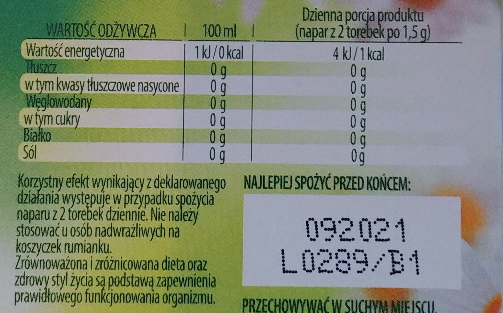 Rumianek - Nutrition facts - pl