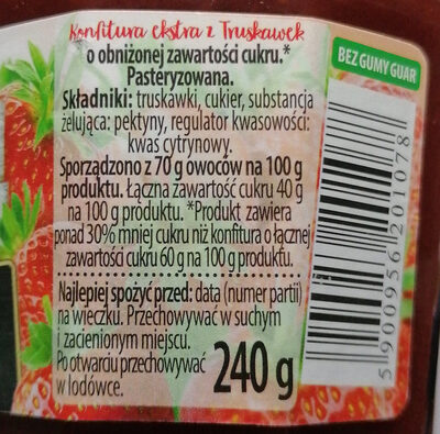Konfitura ekstra z truskawek o obniżonej zawartości cukru. - Ingredients - pl