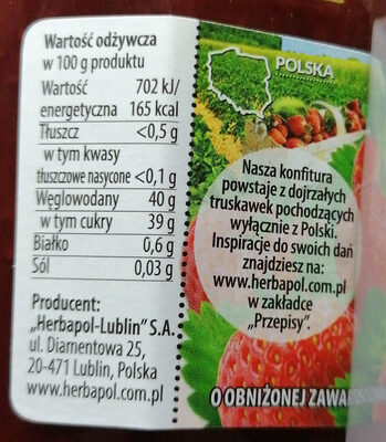 Konfitura ekstra z truskawek o obniżonej zawartości cukru. - Nutrition facts - pl