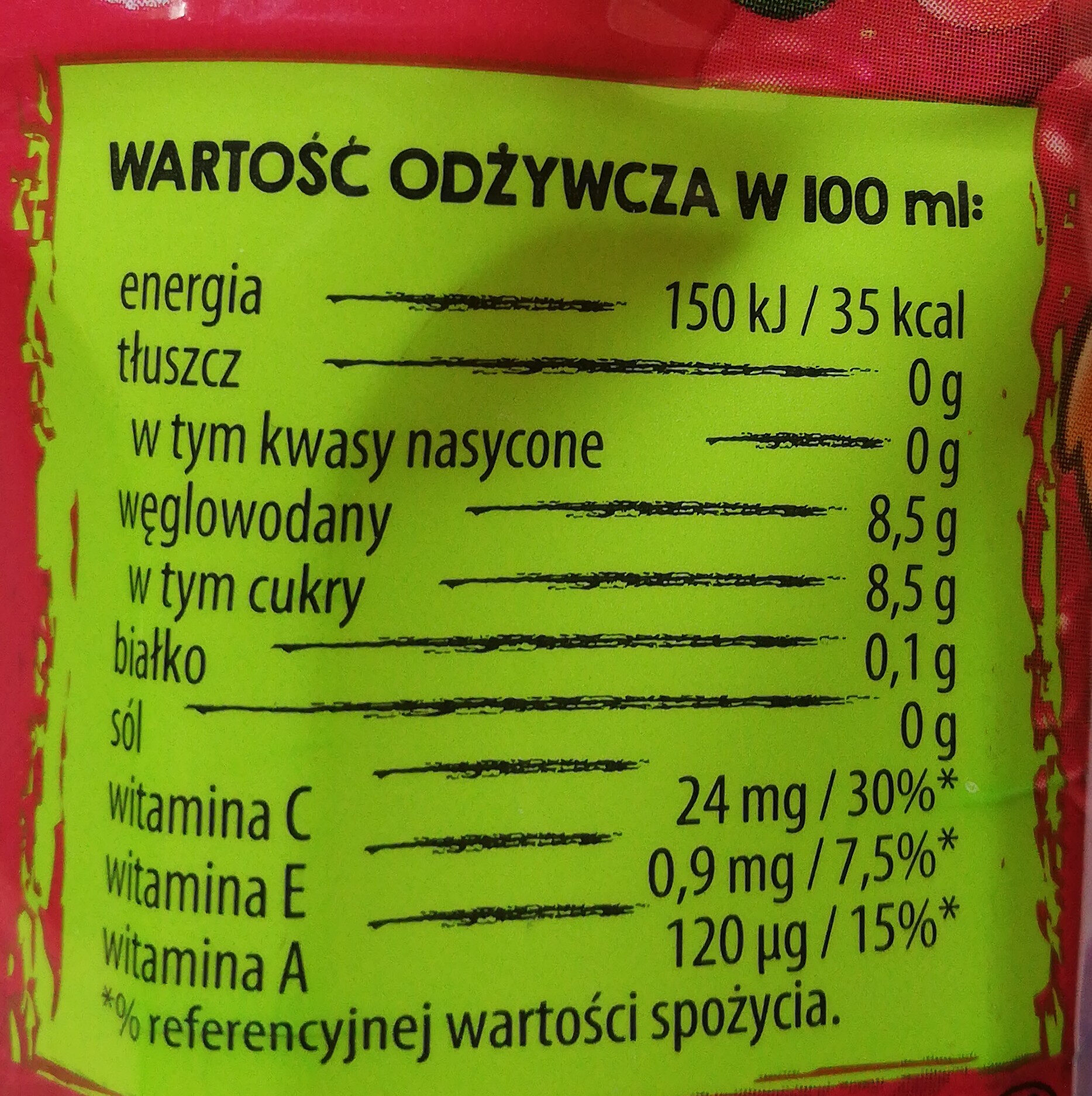 Sok kubuś marchew jabłko malina limetka - Nutrition facts - pl