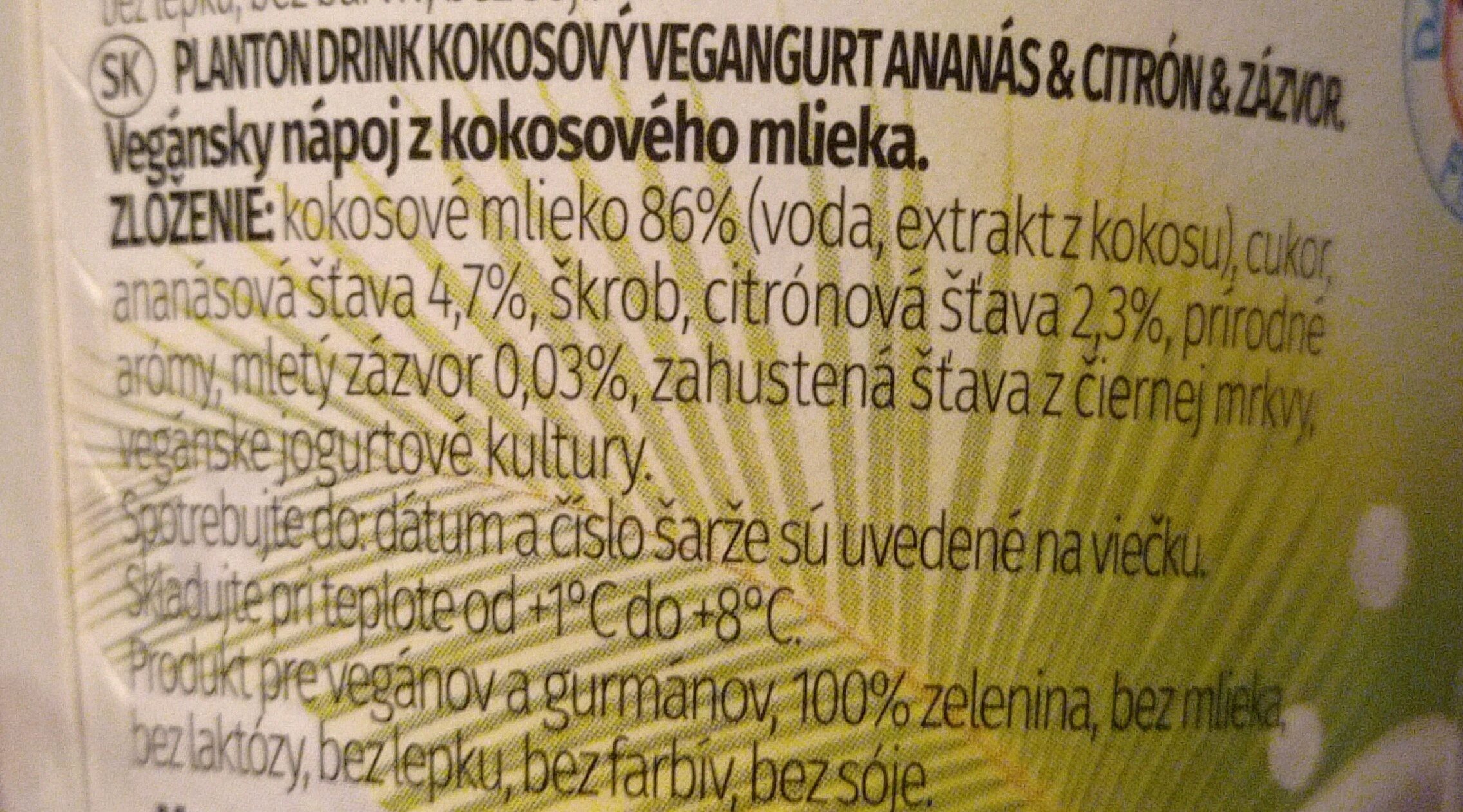 Plantondrink Vegangurt Ananás & Citrón & Zázvor - Ingrediënten - sk