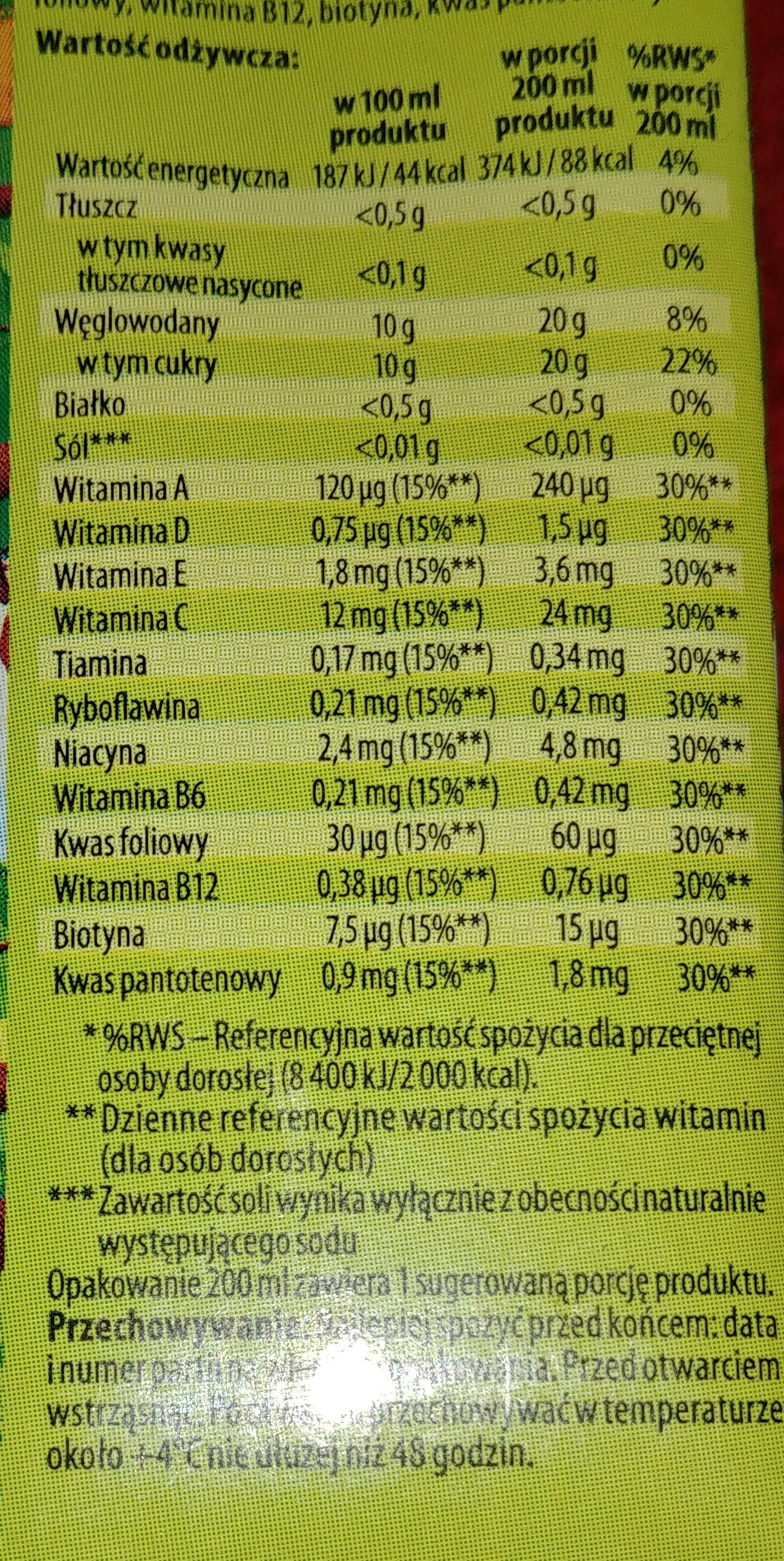 100% sok multiwitamina z dodatkiem witamin - Wartości odżywcze