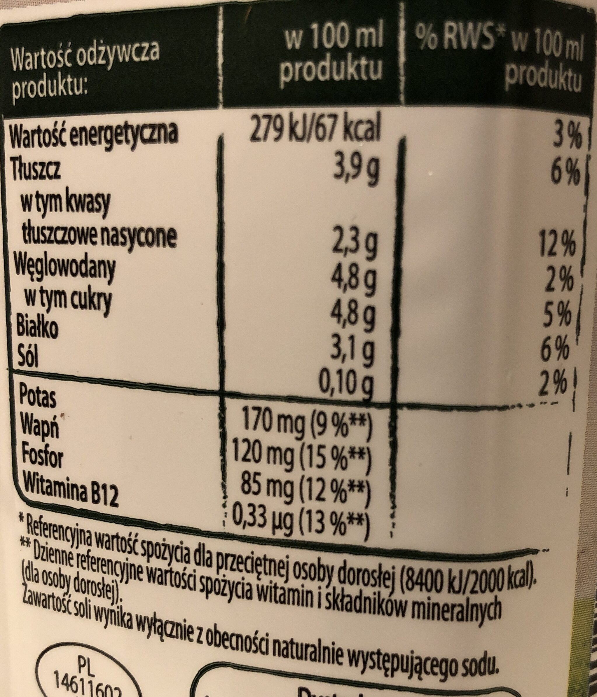 Mleko 3,9 % - Wartości odżywcze