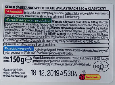 Serek śmietankowy w plastrach klasyczny - Ingredients - pl