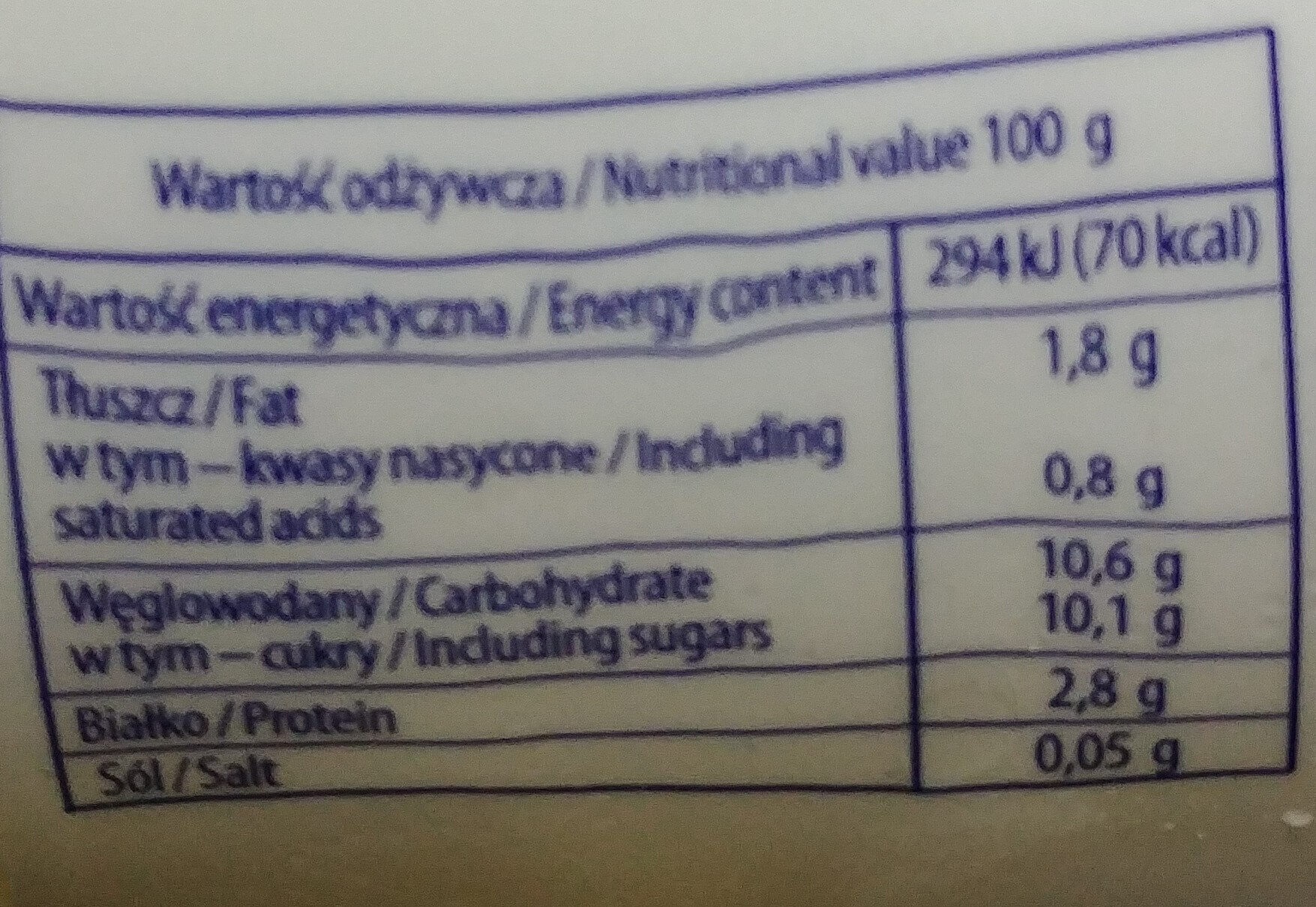 Jogurt waniliowy do picia - Wartości odżywcze