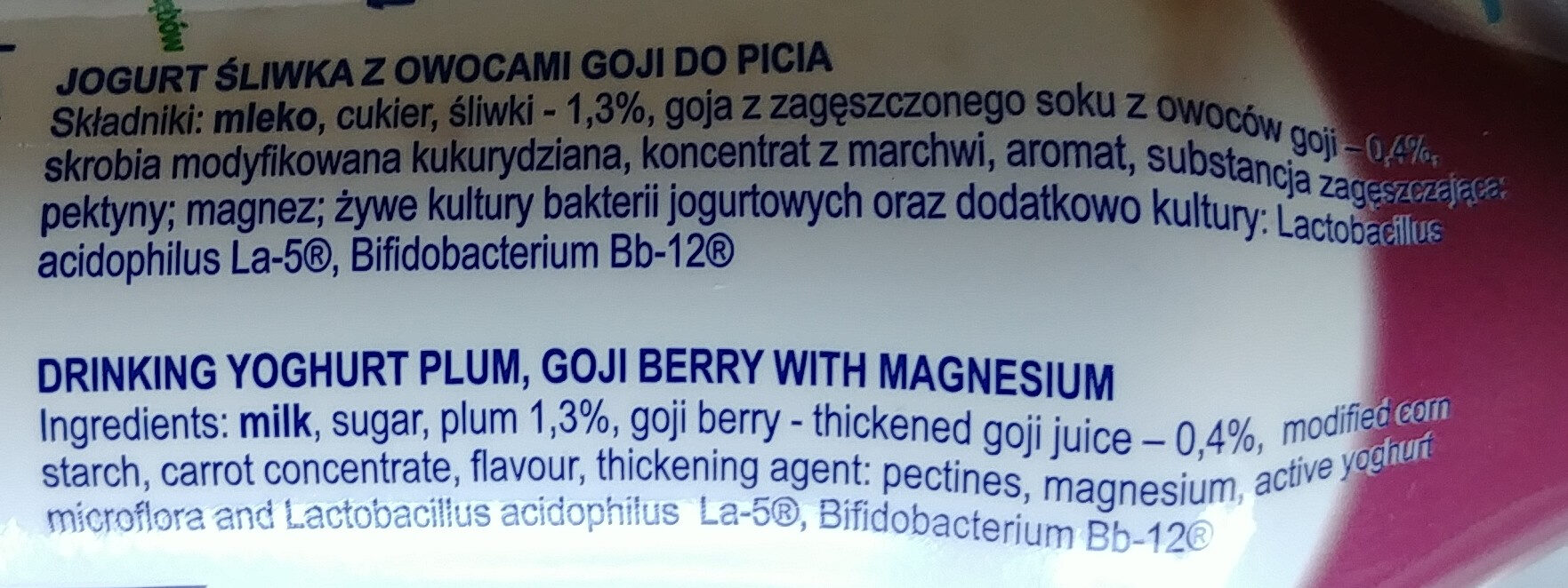 Jogurt śliwka z owocami goji do picia - Składniki
