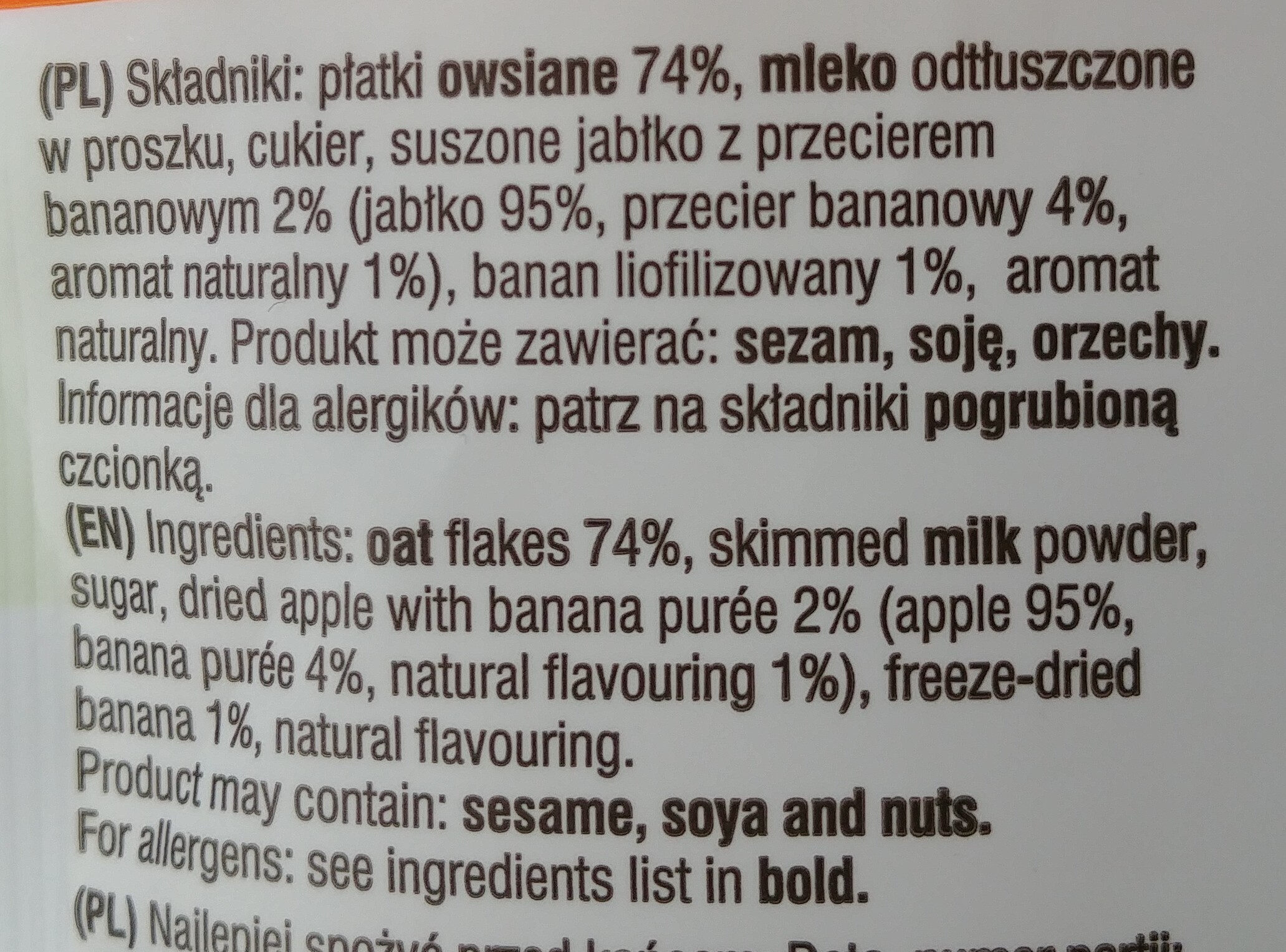 Coś na ząb owsianka z jabłkiem i bananem - Ingrédients - pl