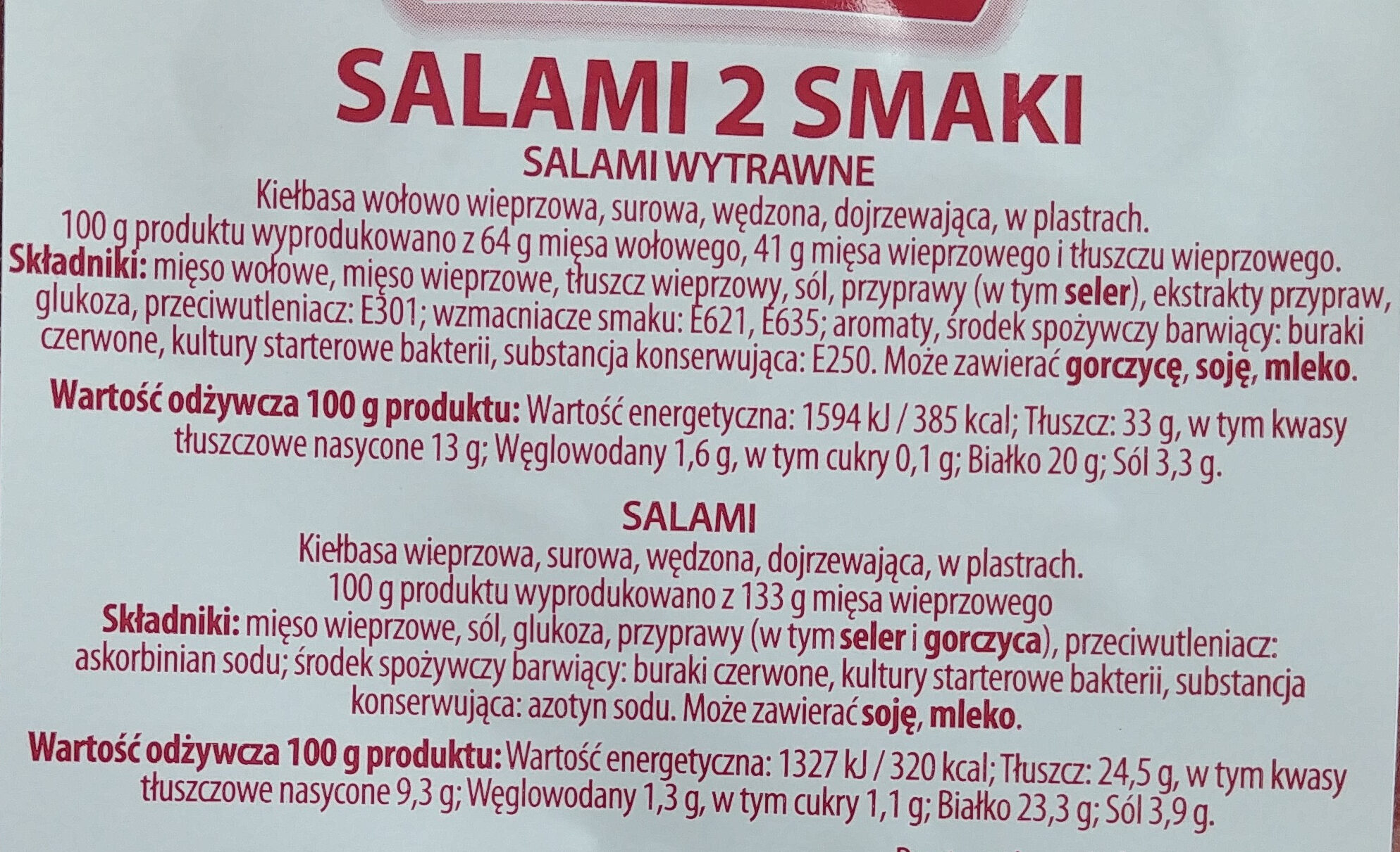 Salami 2 smaki. (Salami wytrawne, Salami) - Ingredients - pl