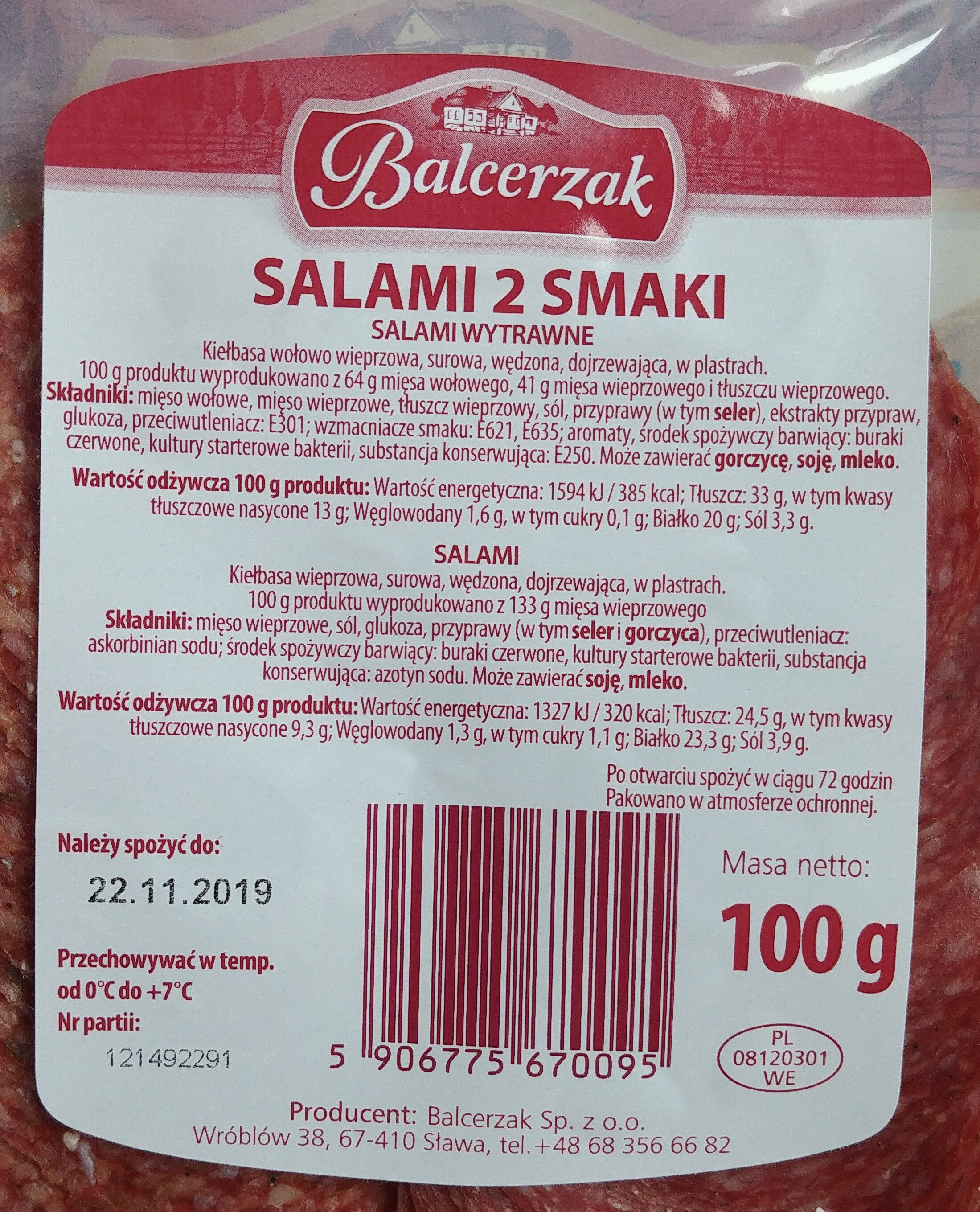 Salami 2 smaki. (Salami wytrawne, Salami) - Nutrition facts - pl