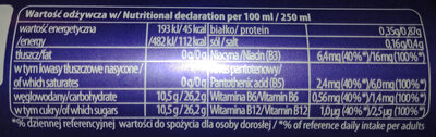 Gazowany napój energetyczny o smaku jagód acai-goji z dodatkiem witamin, kofeiny, tauryny, kombuchy. - Nutrition facts - pl