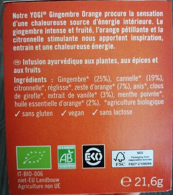 Gingembre Orange (cannelle, vanille) - Tableau nutritionnel