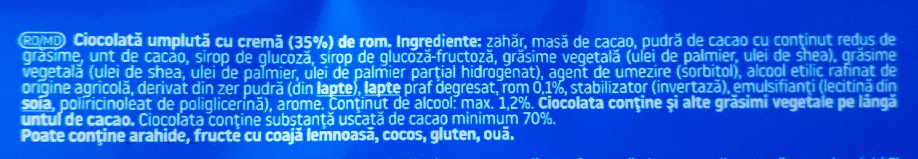 Autentic Rom - Ciocolată amăruie 70% cacao şi cremă rom - Ingrediënten - ro