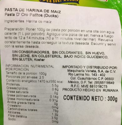 Pasta for kids gluten free ducks - Informació nutricional - es