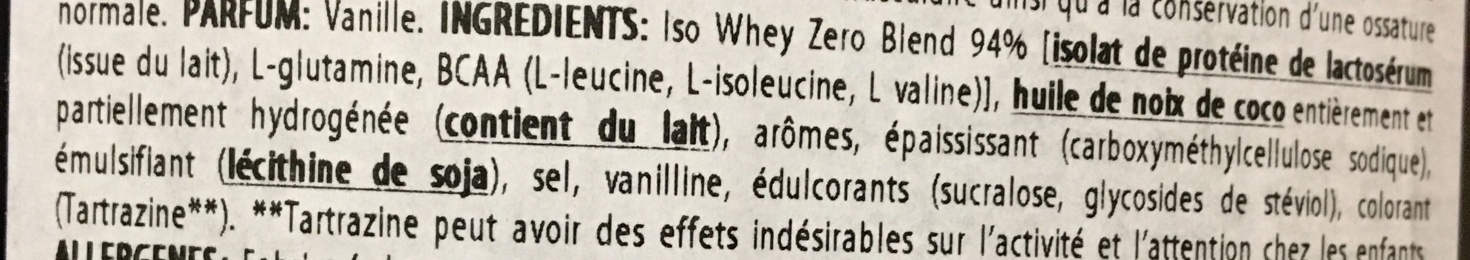 Iso Whey Zero, Vanille - Ingrédients