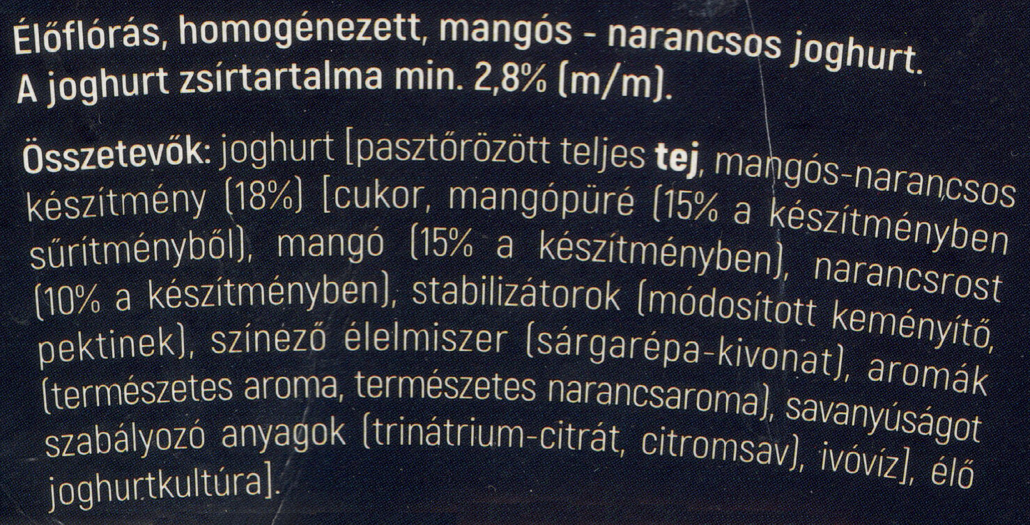 Tejmanufaktúra Nature mangós - narancsos joghurt - Sudėtis - hu