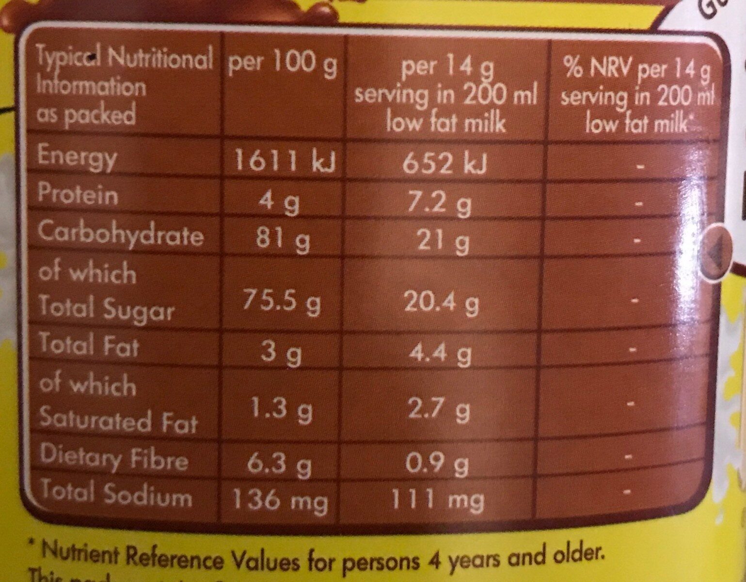 Nesquik Choclate - Tableau nutritionnel