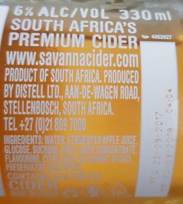 Savanna Dry Premium 330Ml - Ingrédients