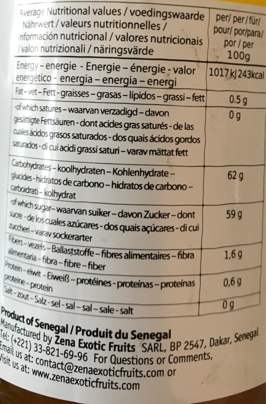 Mermelada De Mango Zena - Tableau nutritionnel