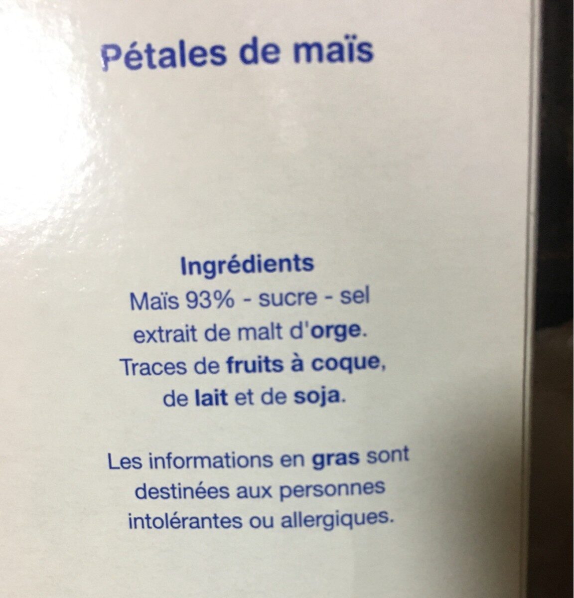 Corn Flakes Pétales de mais - المكونات - fr