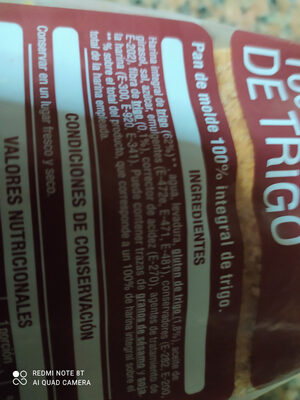 pan de molde 100 o/o integral de trigo Auchan - Ingredients - es