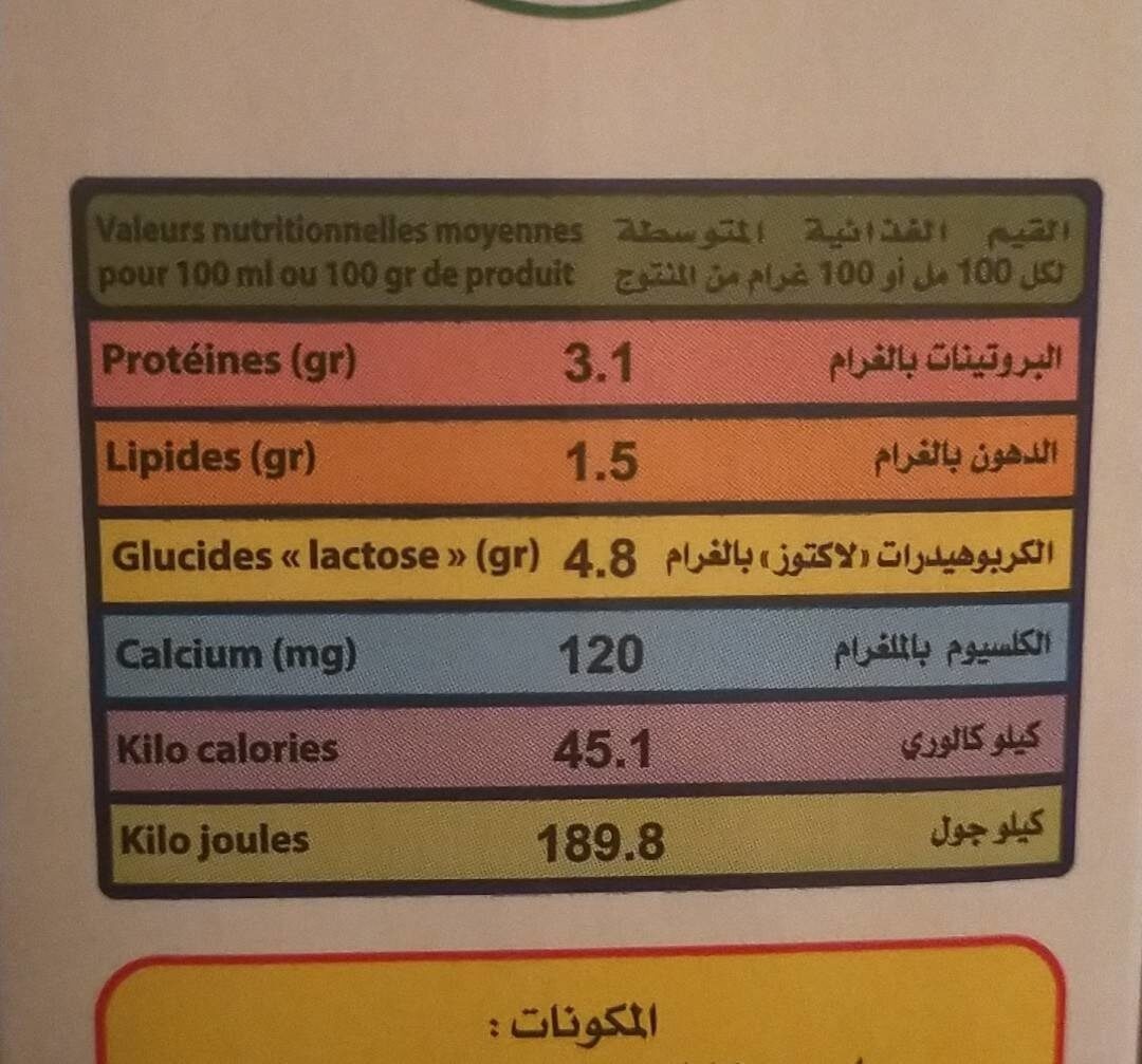 Badwa lait partiellement écrémé - Tableau nutritionnel
