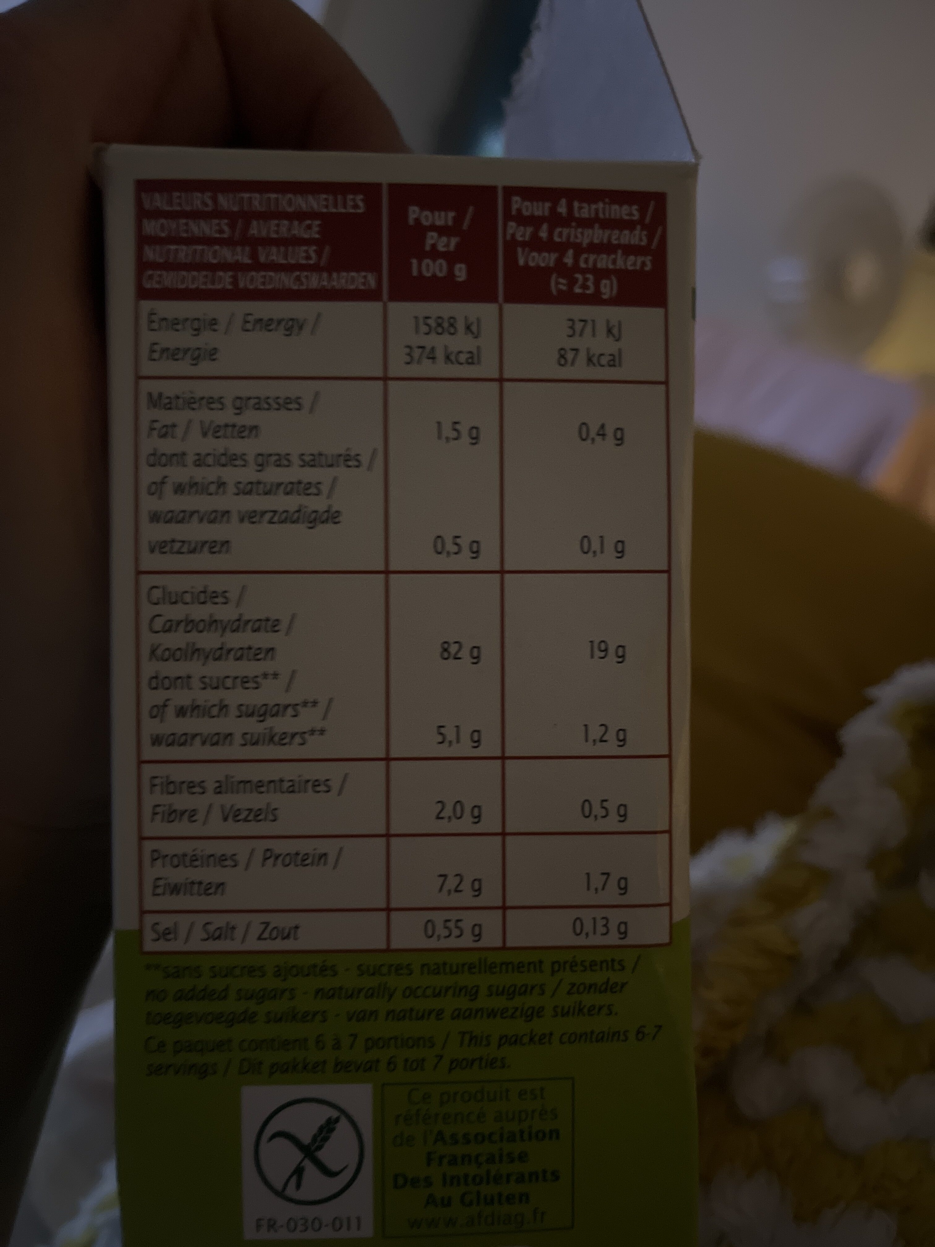 Tartines craquantes quinoa - pois chiche - Tableau nutritionnel