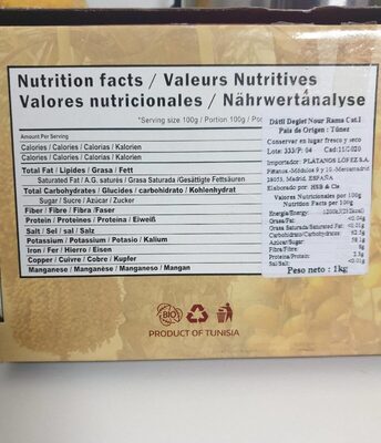 Dates ofrece tunisia - Información nutricional