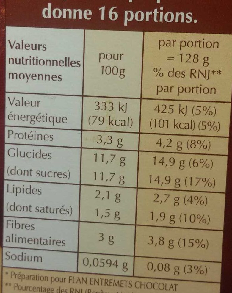 Flan Entremet Chocolat - Nutrition facts - fr