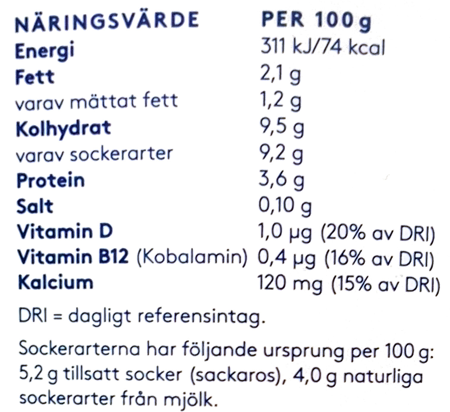 Valio Vanilj Original Slät - Tableau nutritionnel - sv