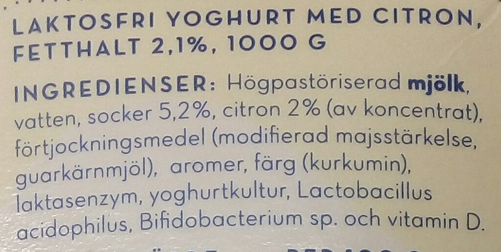 Slät Yoghurt Citron - Ingredienser