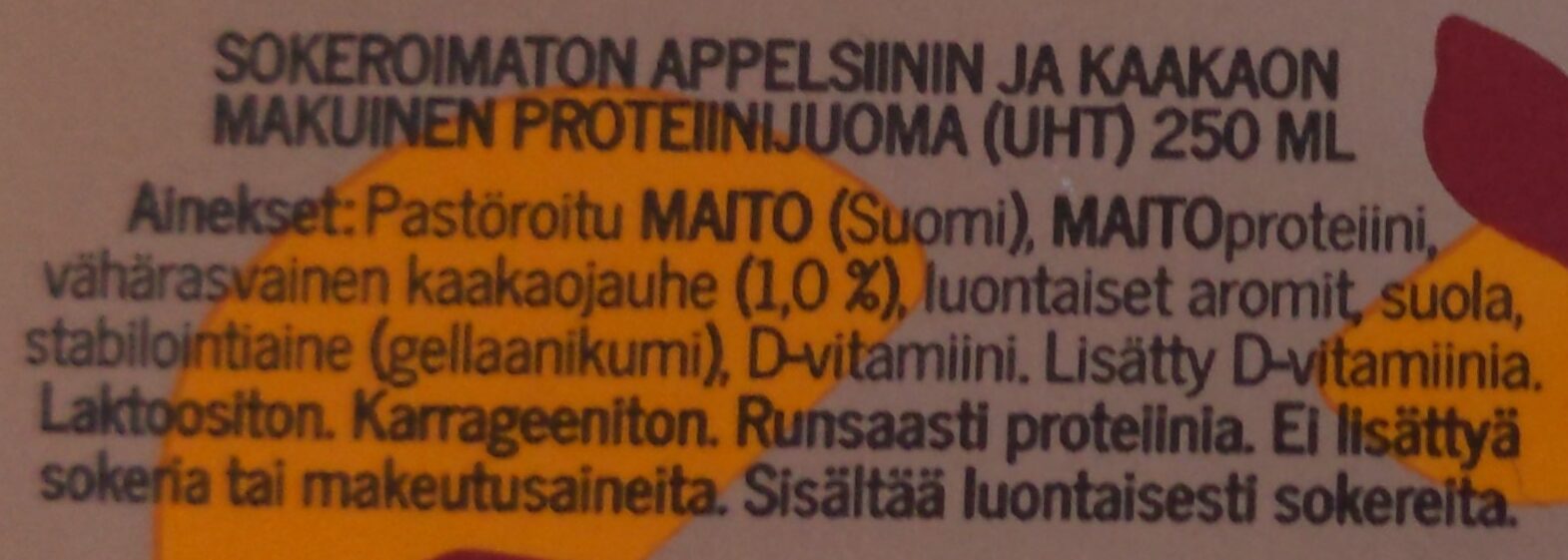 Hyvin sokeroimaton proteiinijuoma appelsiini-kaakao - Ainesosat