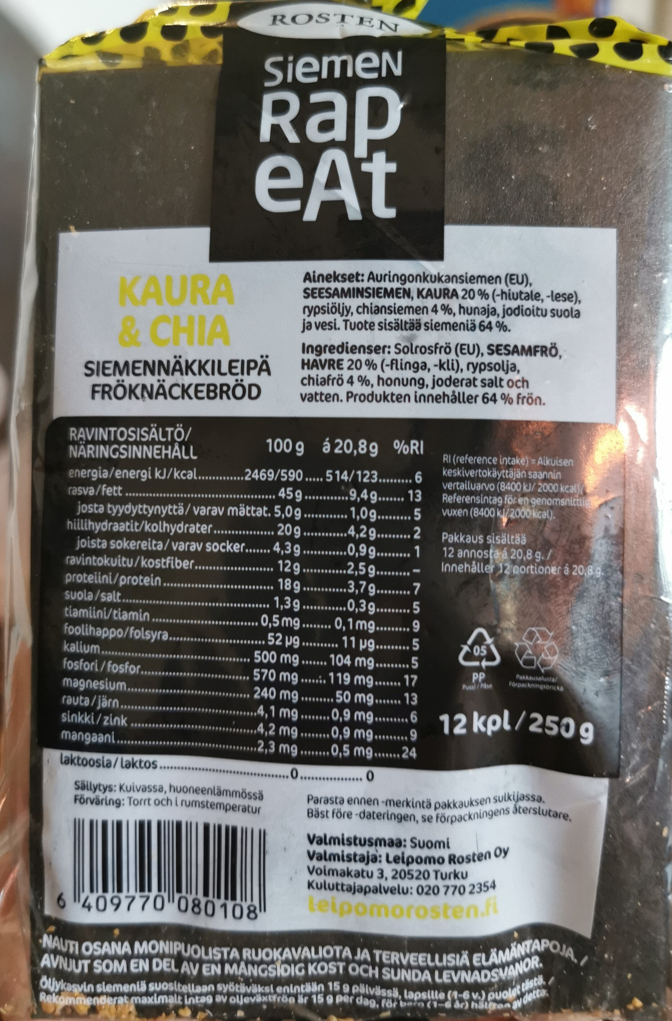 Siemennäkkileipä, Kaura&Chia - Tuote