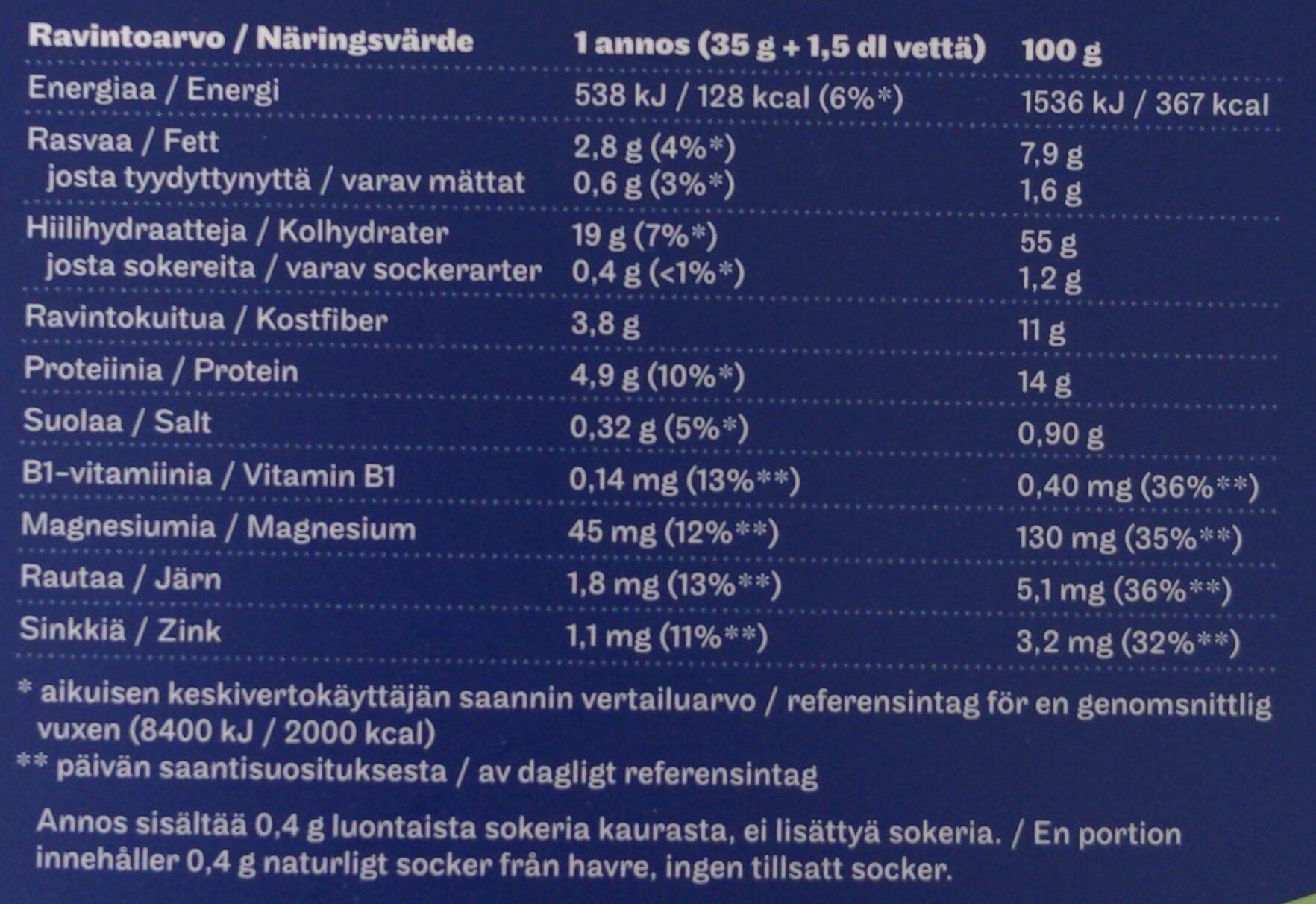 Annospikapuuro luomu kaura - Nutrition facts - fi