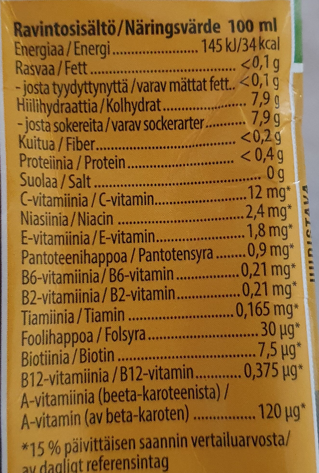 Vital Hedelmänektari + 10 vitamiinia - Ravintosisältö