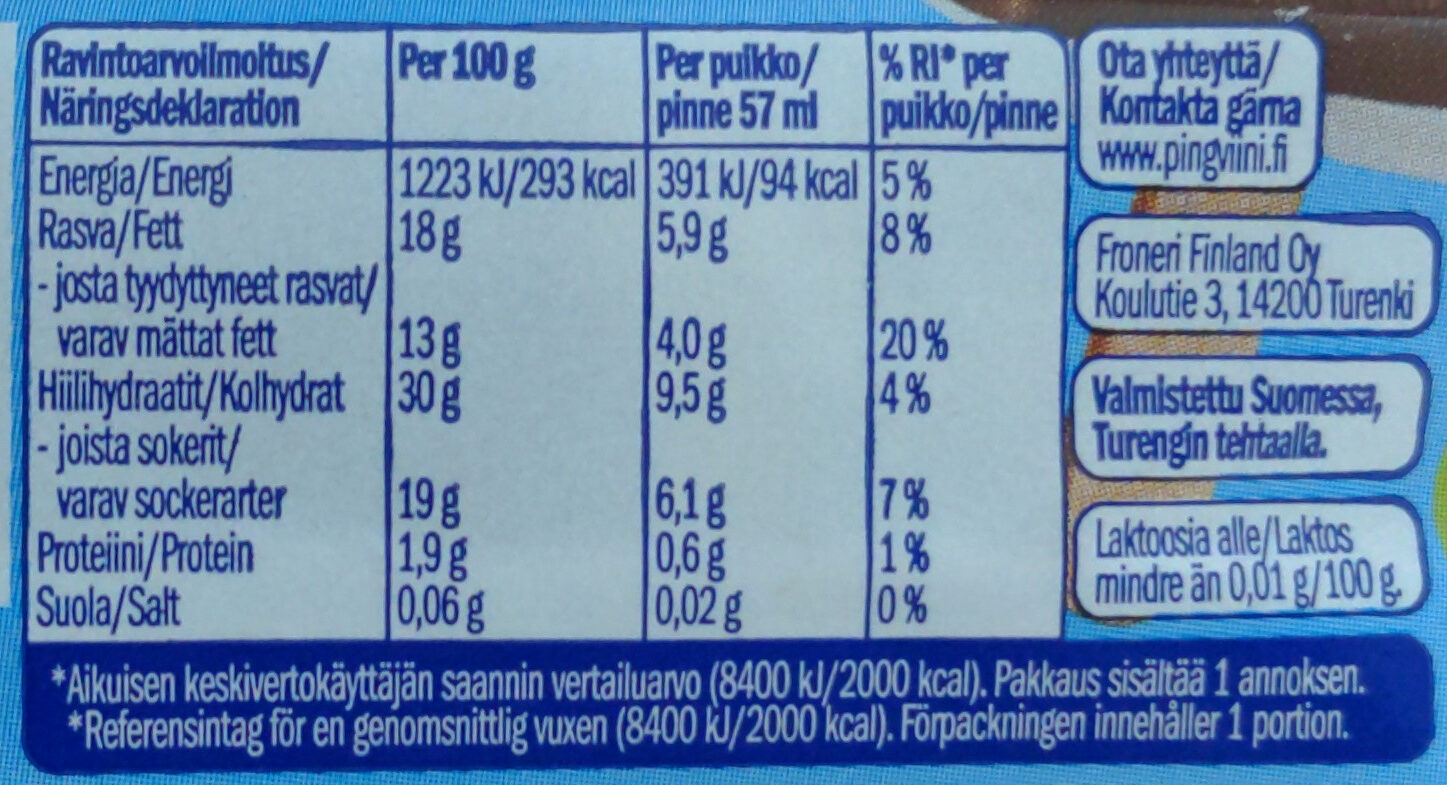 Pingviini Puikko Vanilja Laktoositon - Nutrition facts - fi