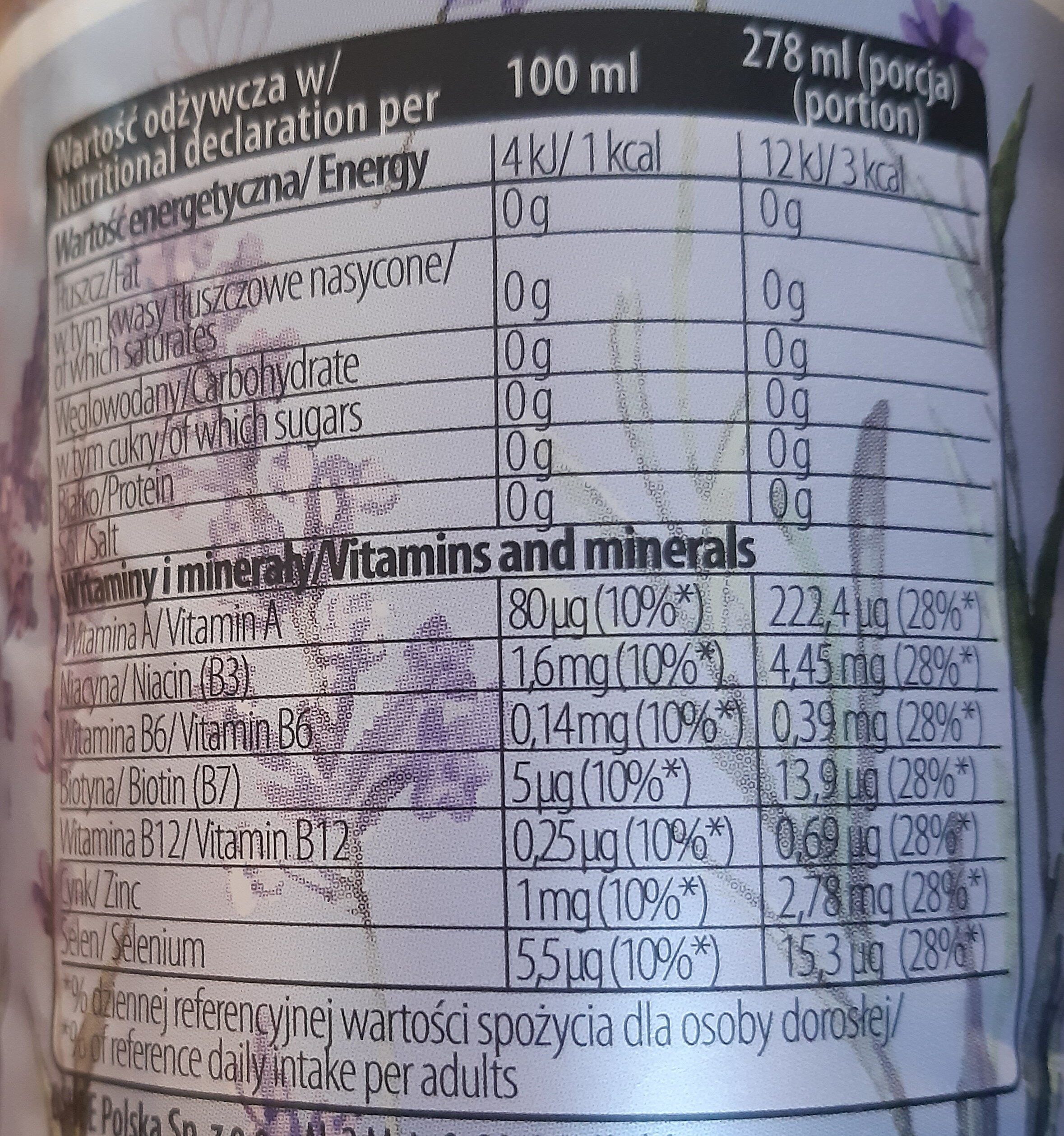 Oshee vitamin water beauty - Nutrition facts - pl