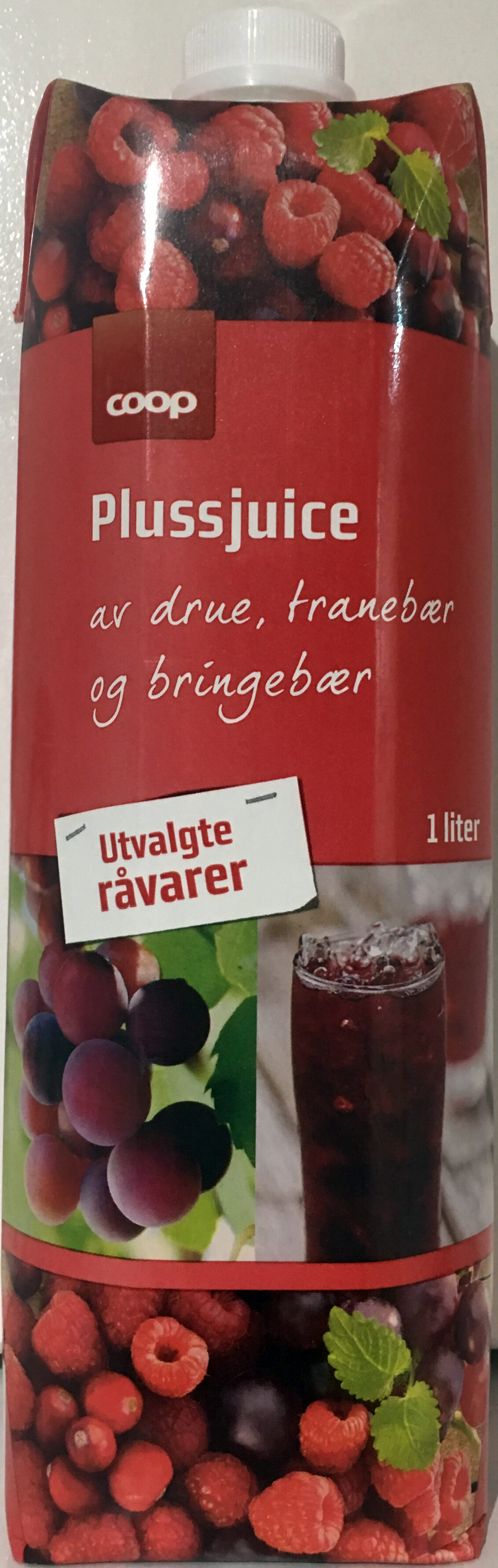 Plussjuice av drue, tranebær og bringebær - Produkt