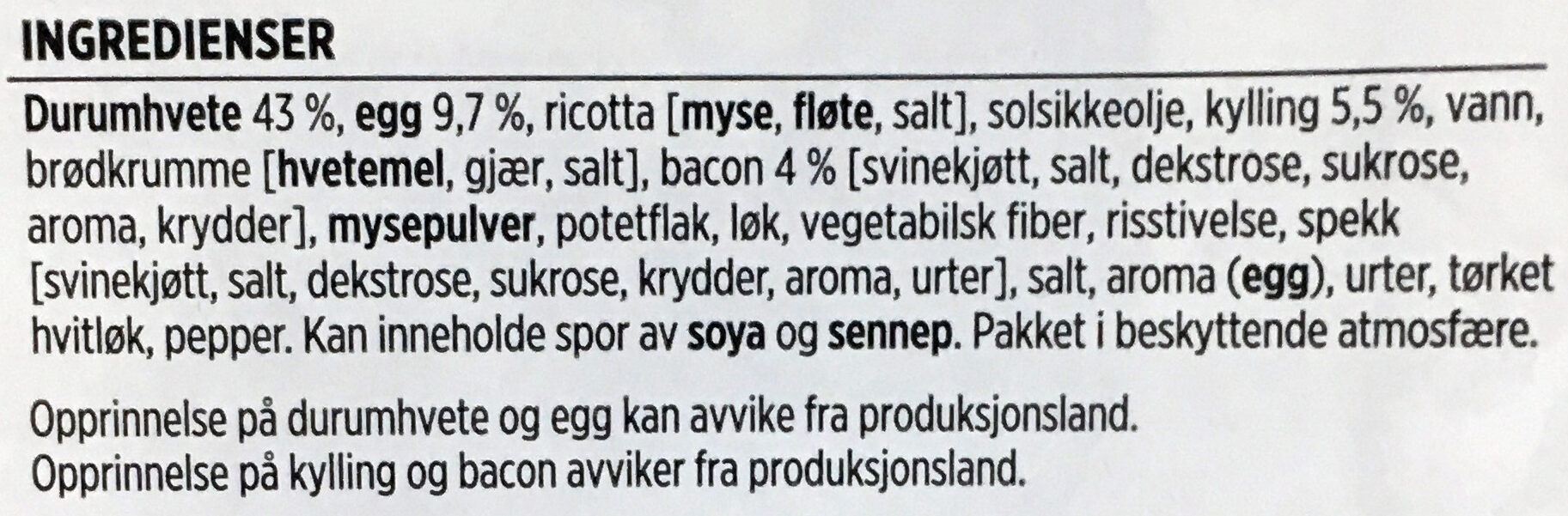 Tortelloni Kylling og Bacon - Ingredienser - nb