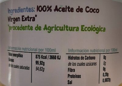 Aceite de coco virgen extra - Nutrition facts