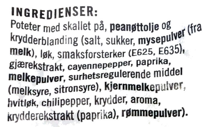 Sørlands Chips Het Chili og Rømme - Ingredients - nb
