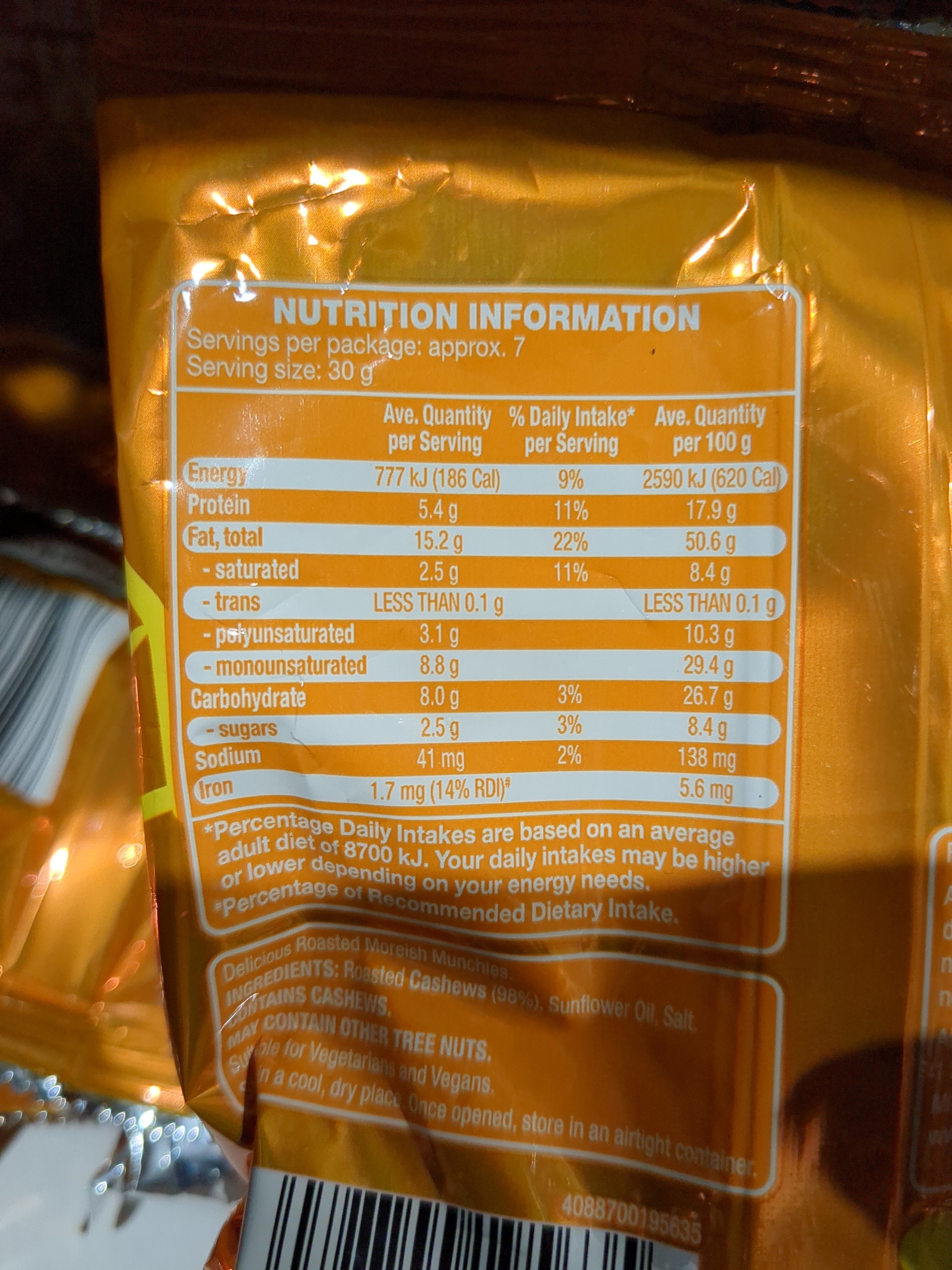 Roasted & Salted Cashews - Nutrition facts