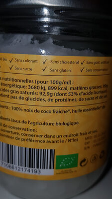 Huile de coco vanille - Nutrition facts
