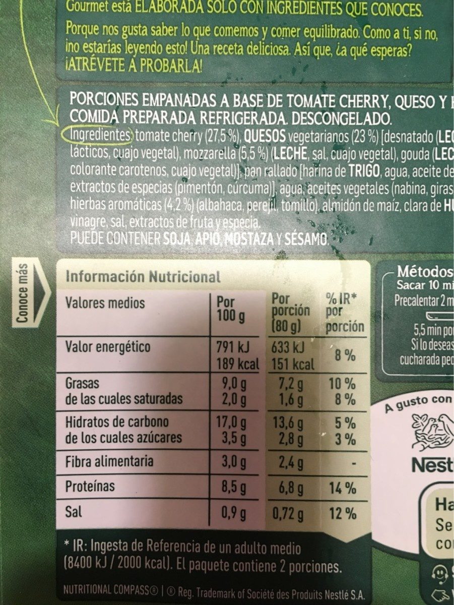 GarEmpanado de tomate y quesos - Tableau nutritionnel